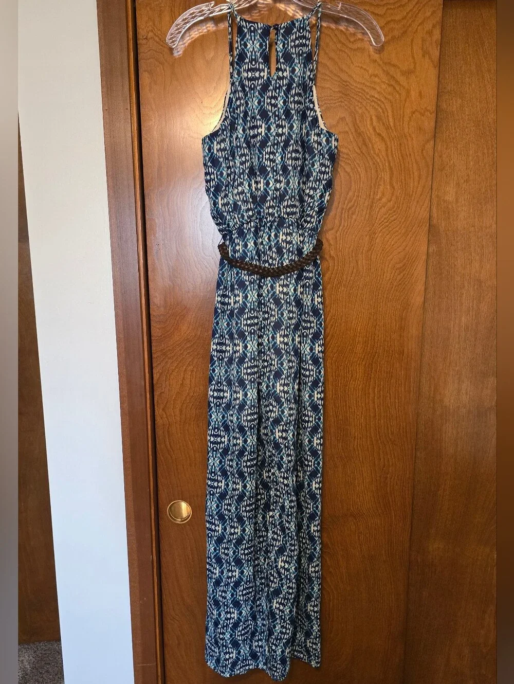 Blue Patterned Maxi Dress with Braided Belt